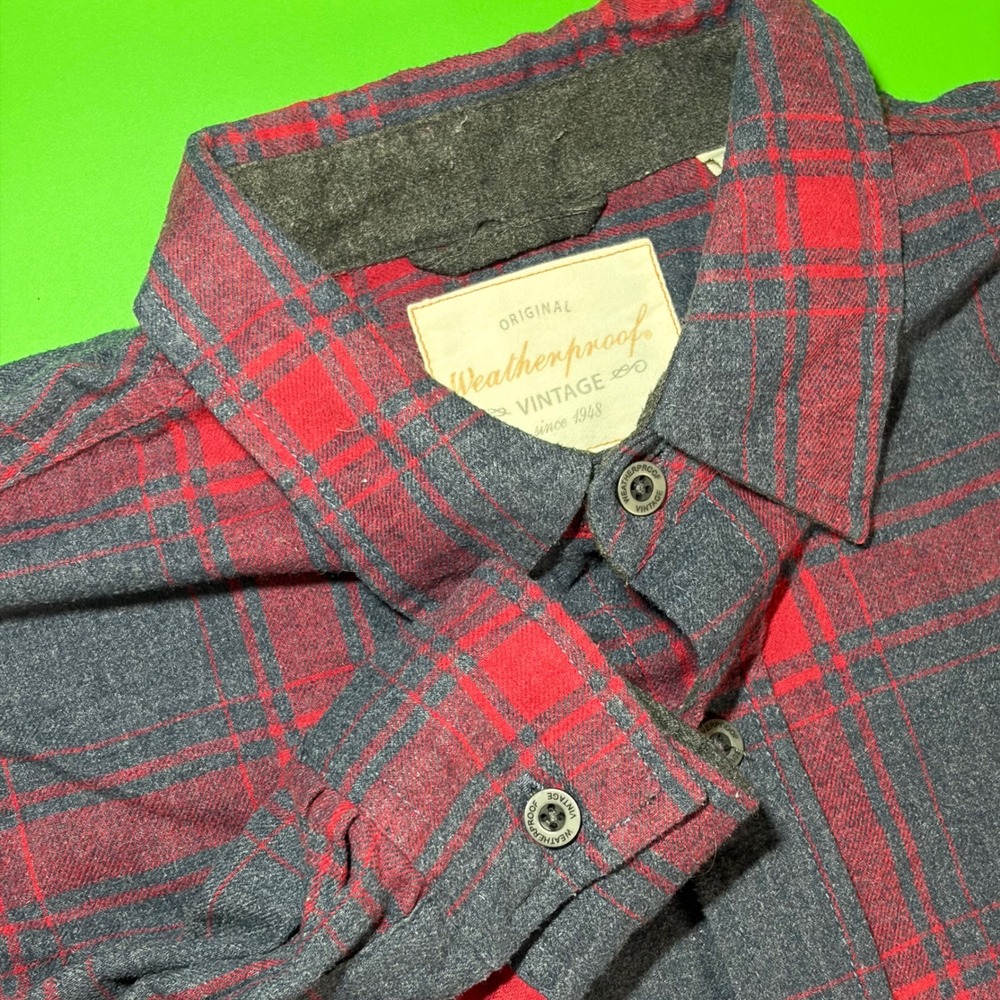 Weatherproof Flannel Shirt Mens L Red Gray Tartan Windowpane Plaid Button Up